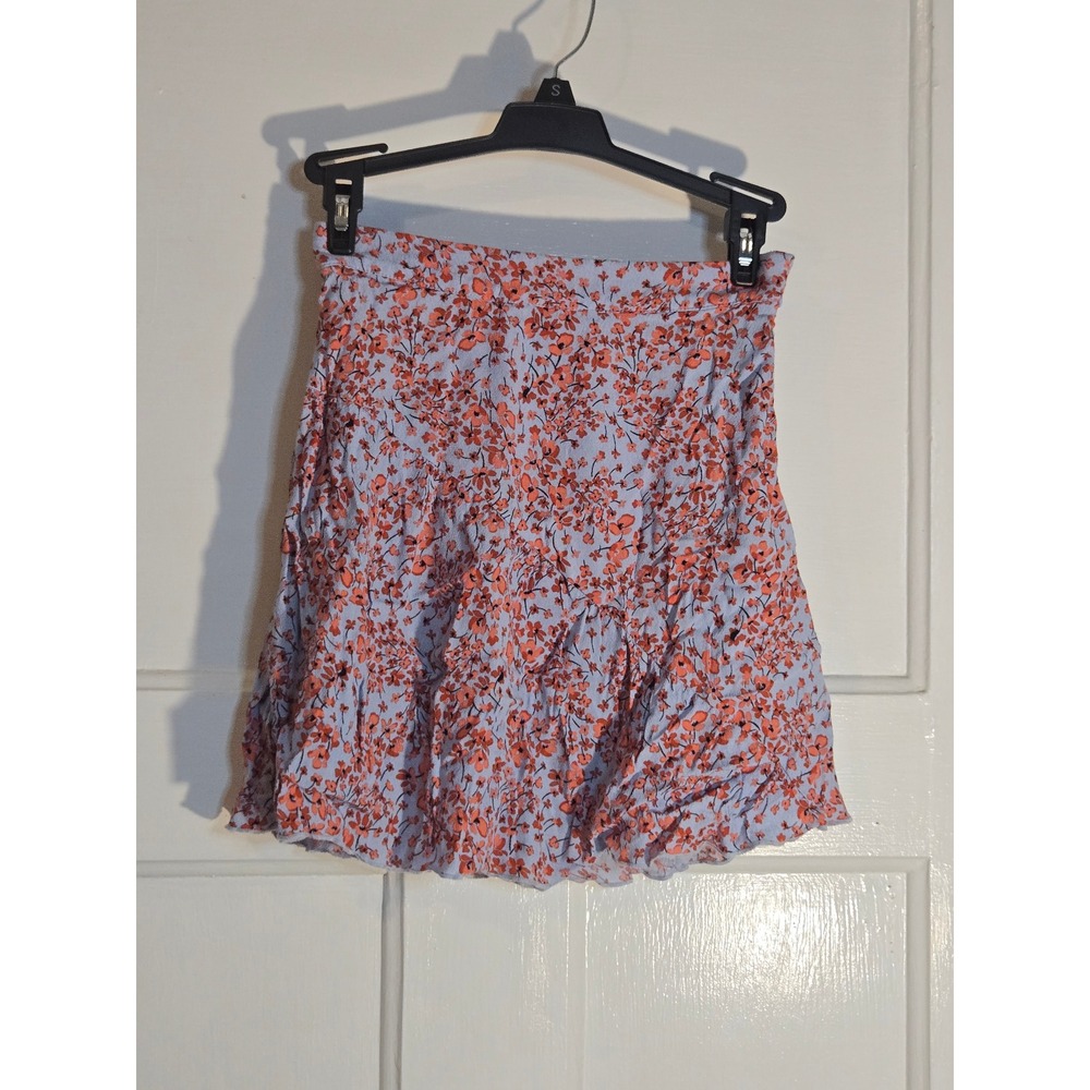 HM‎ Light Blue Floral Ruffle Mini Skirt Size 2 Orange Red Flower Print Skater